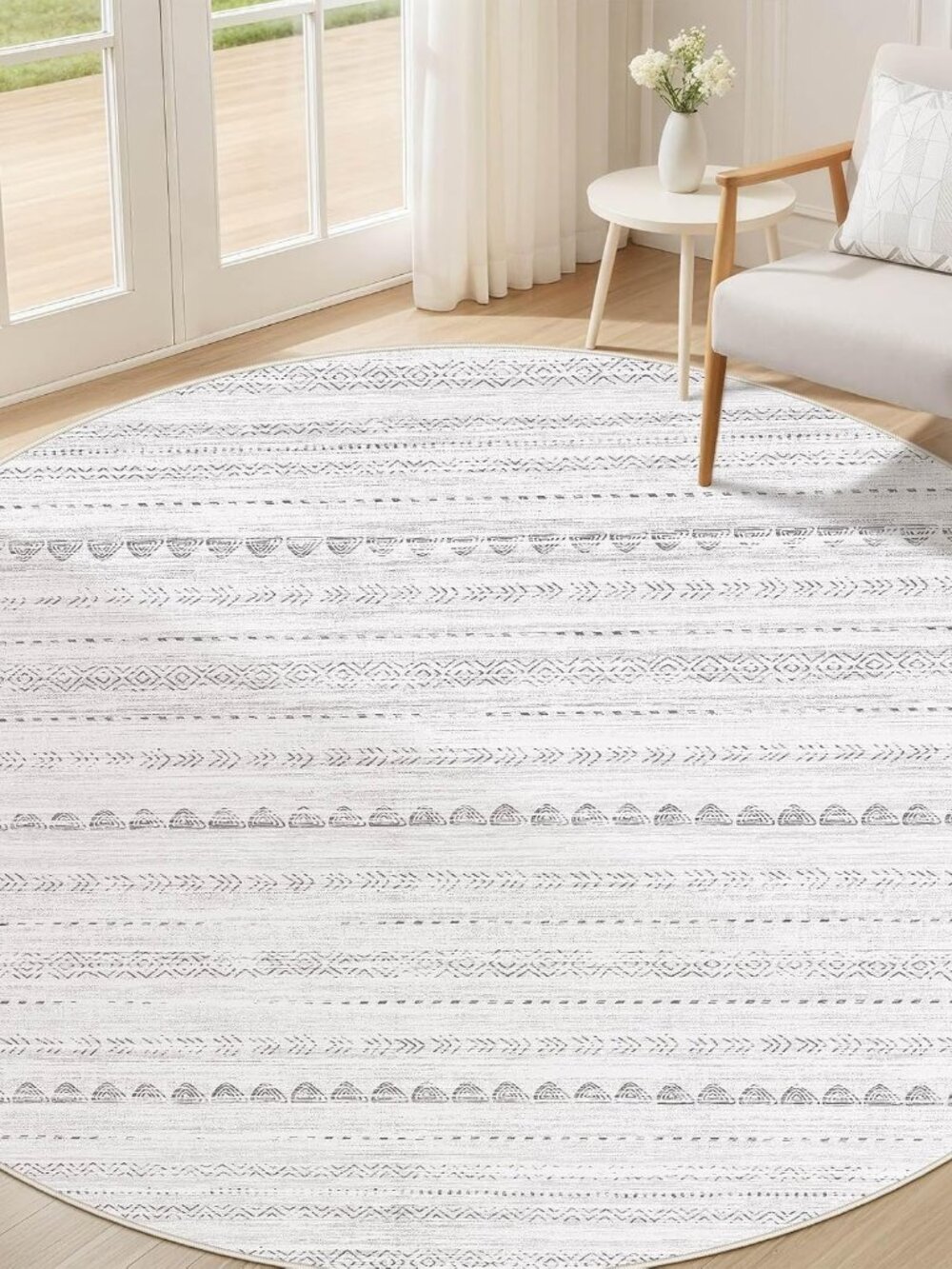 Round Rug Boho Area Rugs: 4x4 Washable Large Circle Neutral Soft Stain Resistant